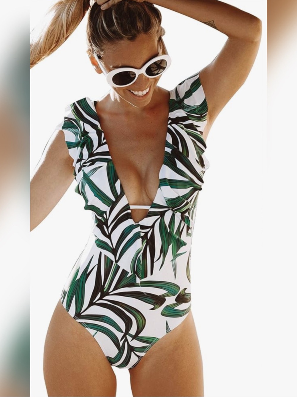 Sporlike Green & White Leaf Pattern Ruffle One Piece Swim Suit